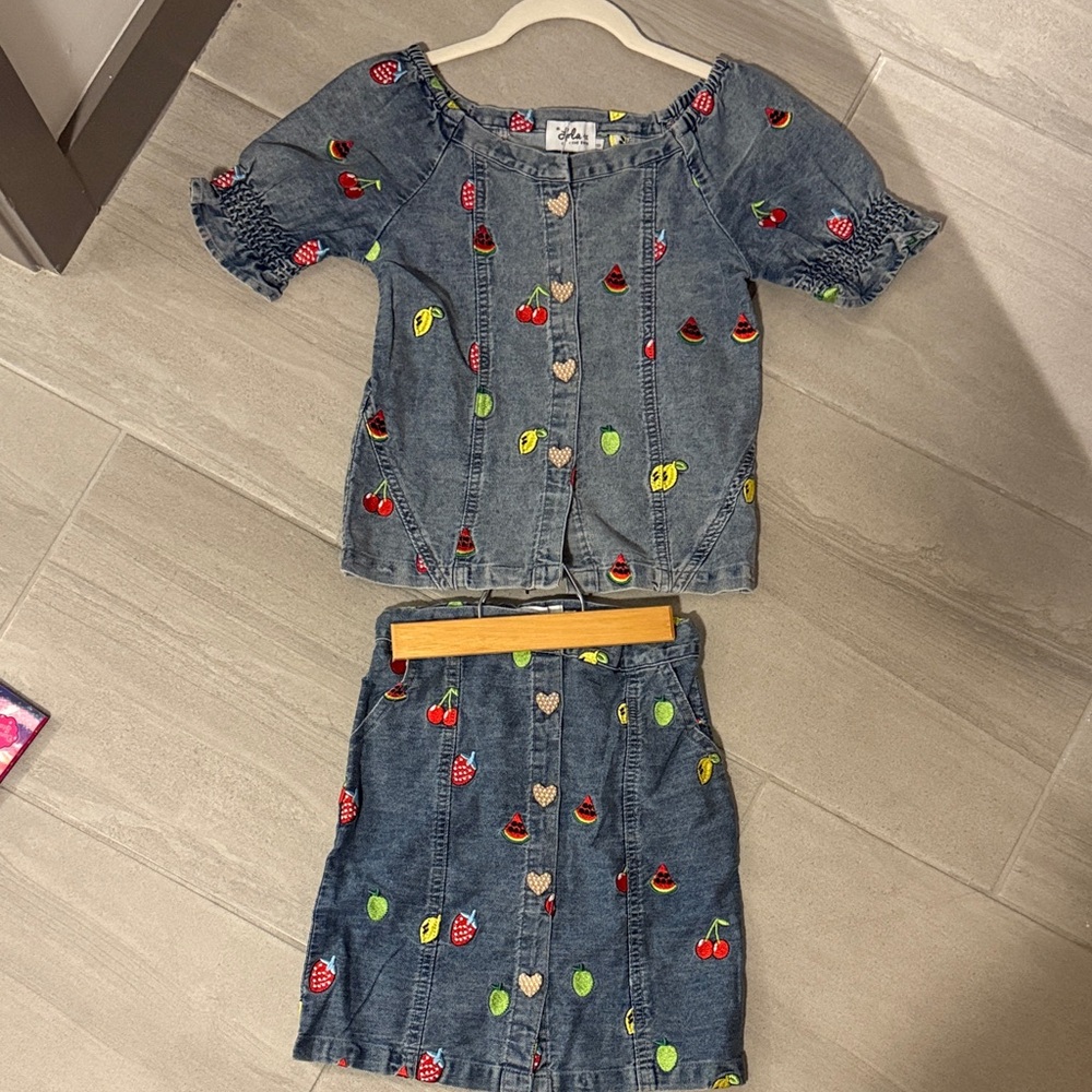 Lola + The Boys Denim Kids Matching Set with Colorful Embroidery